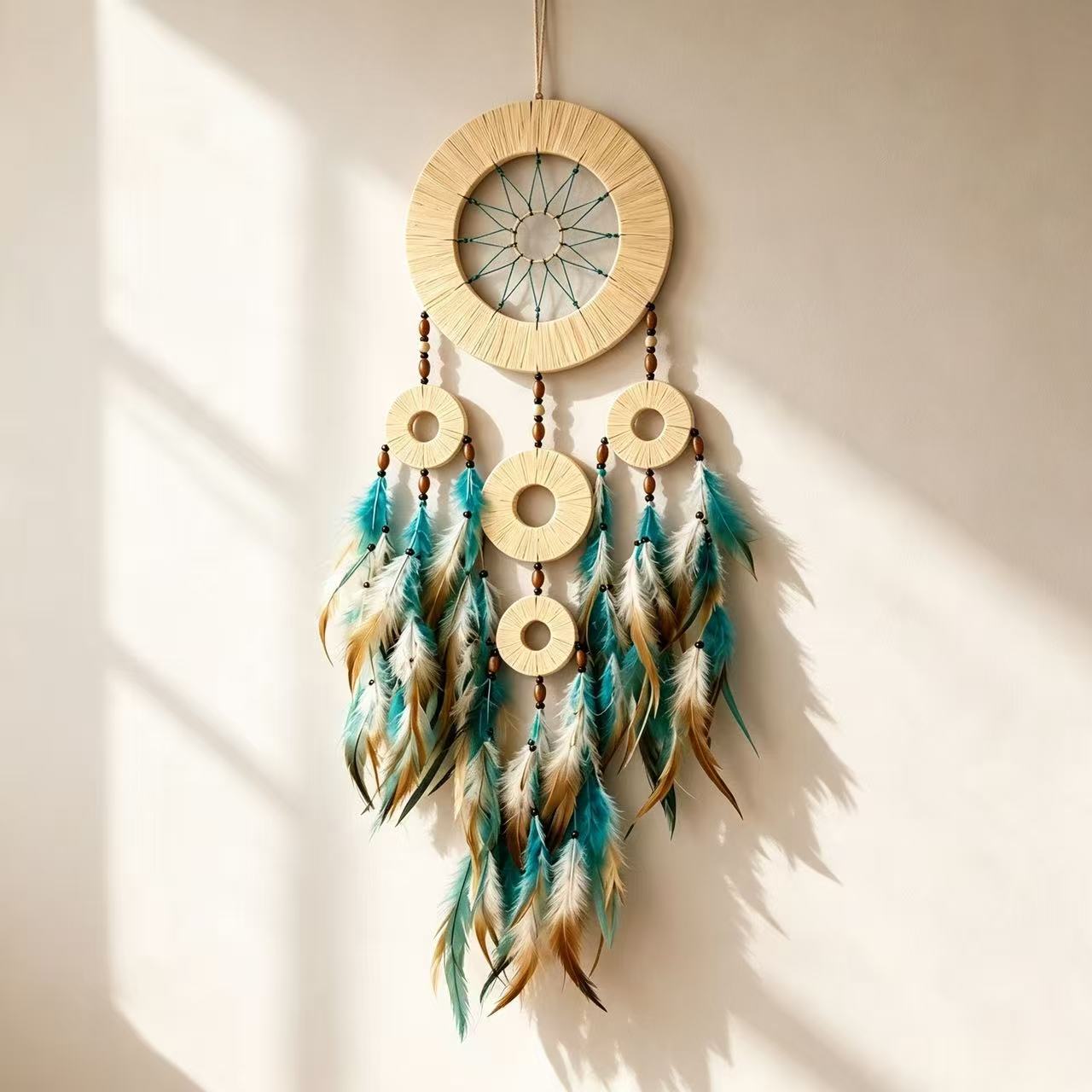 Forest Green Bohemian Five Ring Dreamcatcher - Feather Wall Hanging Decor for Home Bedroom Nursery photo 3