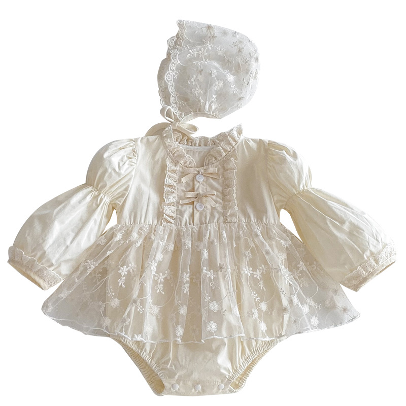 Sweet Baby Clothes Bodysuit, Pinafore Dress, Long-sleeve Soft Lace Romper, And Hat photo 4