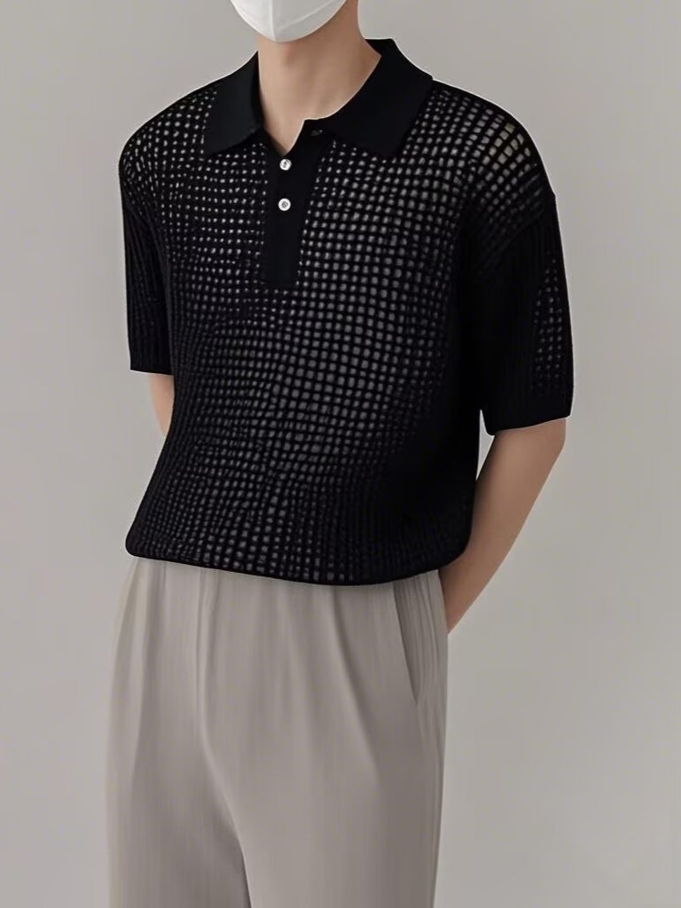 Mens Retro Solid-Color Half-Sleeve Lapel T-Shirt photo 3