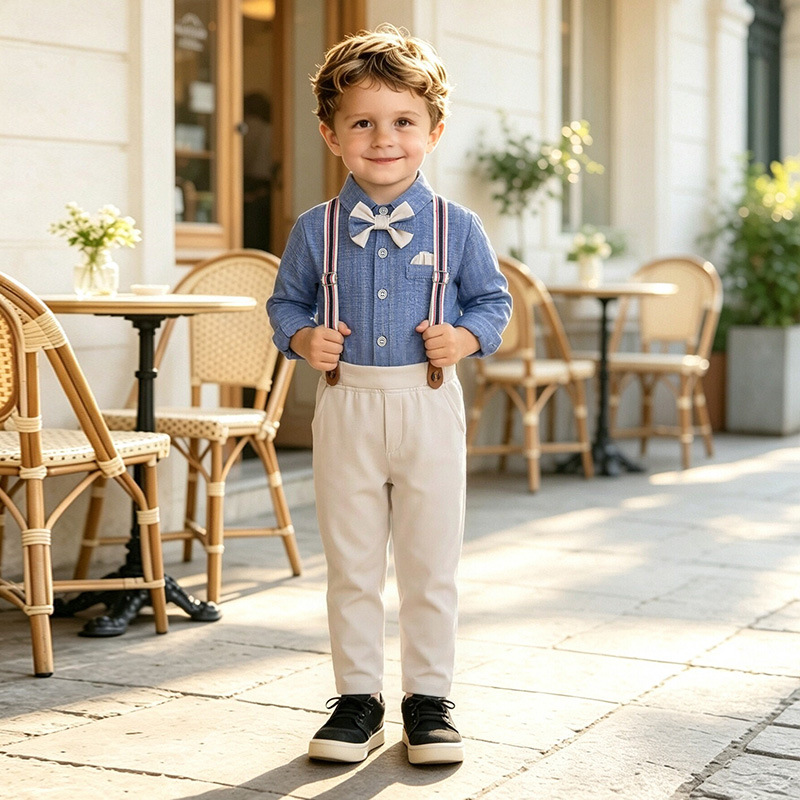 Blue Shirt Bow Tie And Suspender Overalls Children's Clothing photo 3