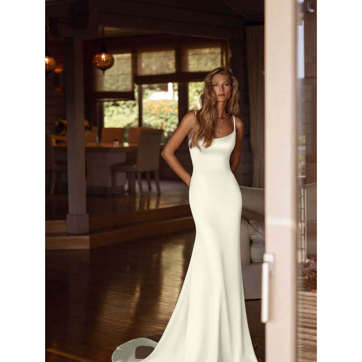 Satin Spaghetti Strap Mermaid Wedding Dress Elegant Bridal Gown For Women photo 2