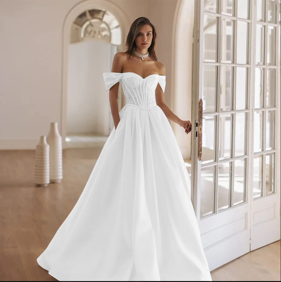 European And American Off-the-shoulder Satin Wedding Dress With Lace For Weddings photo 6