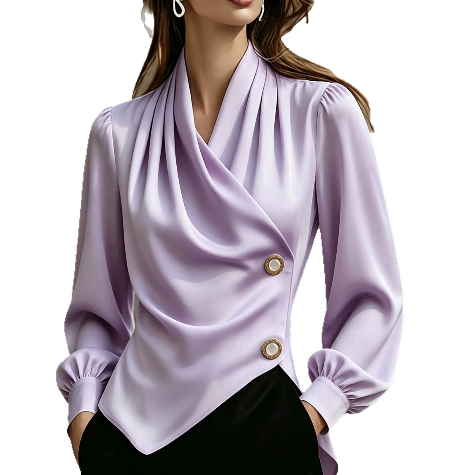 Crossover-collar Waist-cinching Asymmetrical Pearl-buttoned Slimming Versatile Long-sleeve Blouse photo 2
