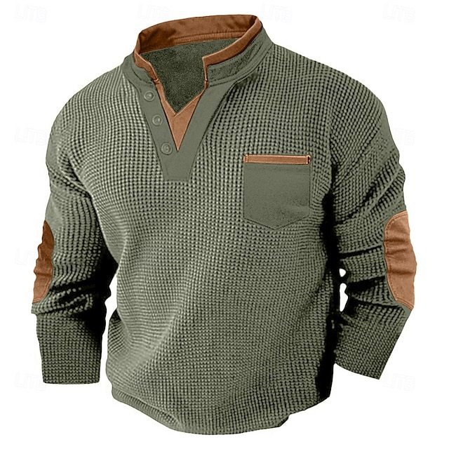 Men's New Casual Texture Waffle Long Sleeve Top photo 1
