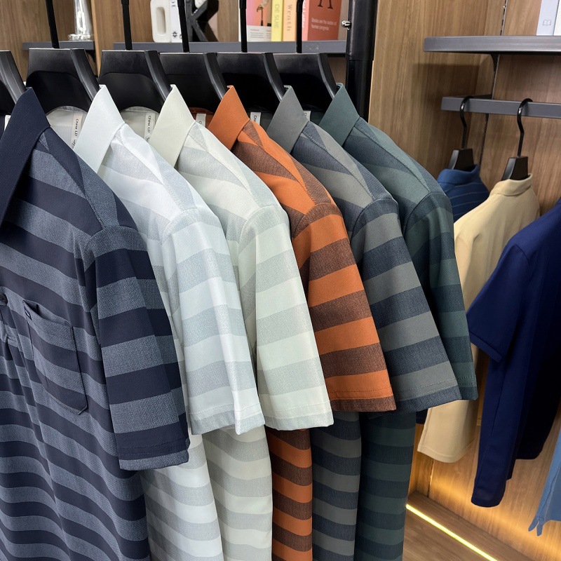 Men's Youth Striped Lapel Pocket Fashion Short Sleeve T-shirt photo 2