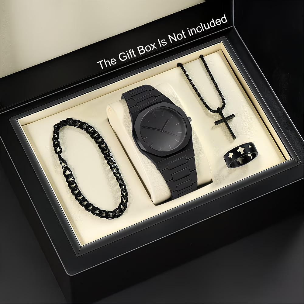 Mens Quartz Watch Necklace Bracelet Set photo 1