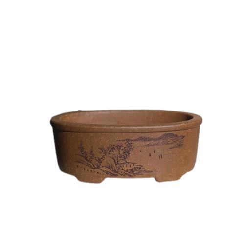 Oval Hand-engraved Dihua Clay Desktop Yixing Flower Pot photo 2