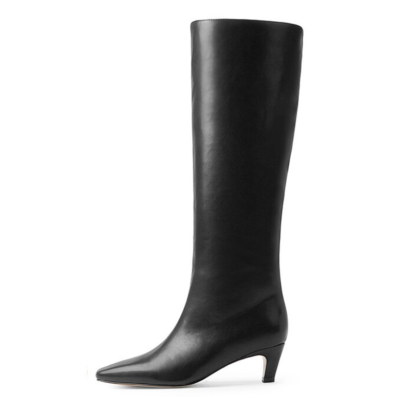 French Minimalist-style Square-toe Kitten-heel Over-the-knee Straight-leg Leather Booties photo 2
