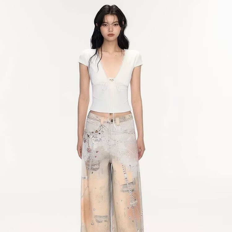 Painted Vintage Wide-leg Loose-fit American-style Floor-length Jeans photo 4