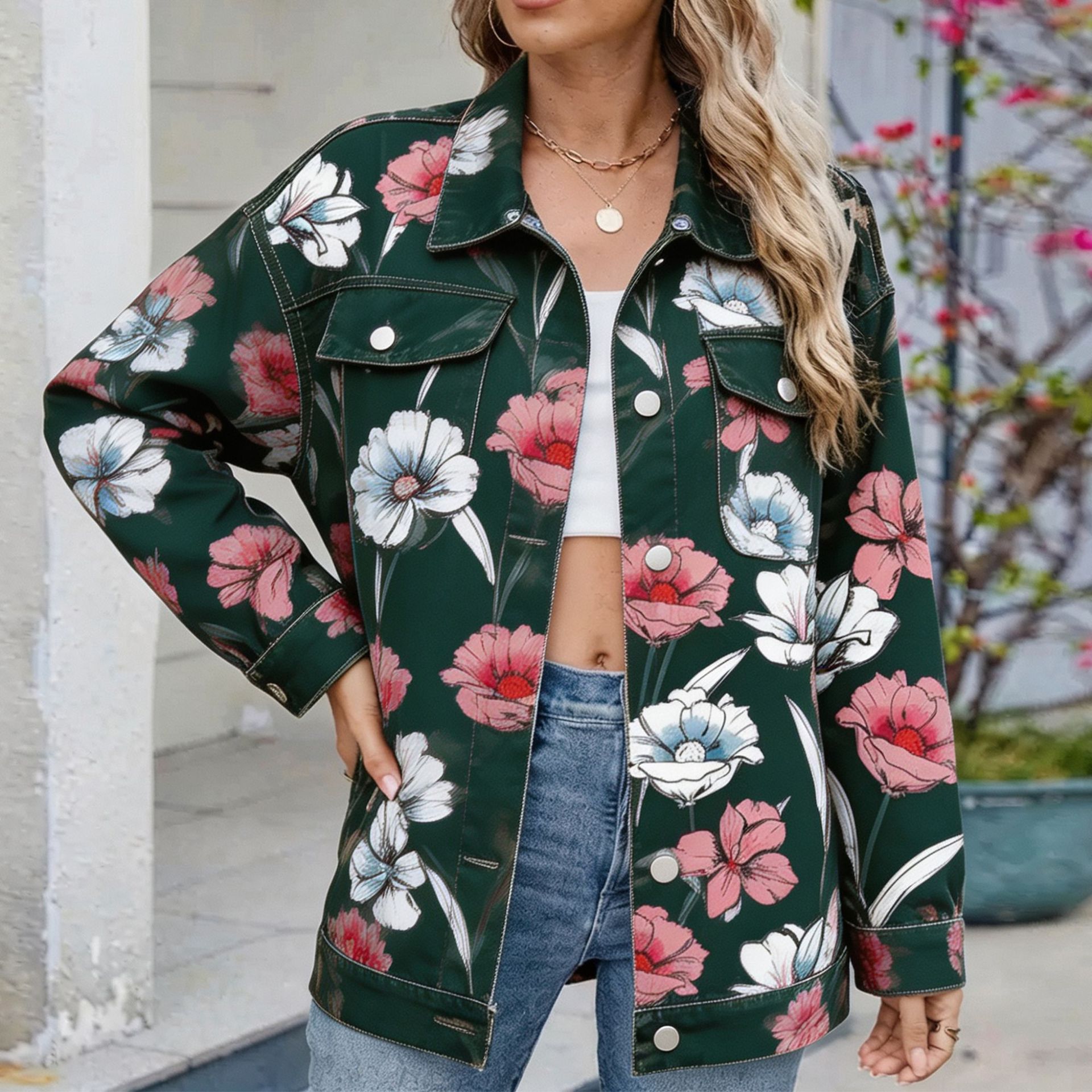 Women's Denim Jacket With All-Over Plant Print photo 8