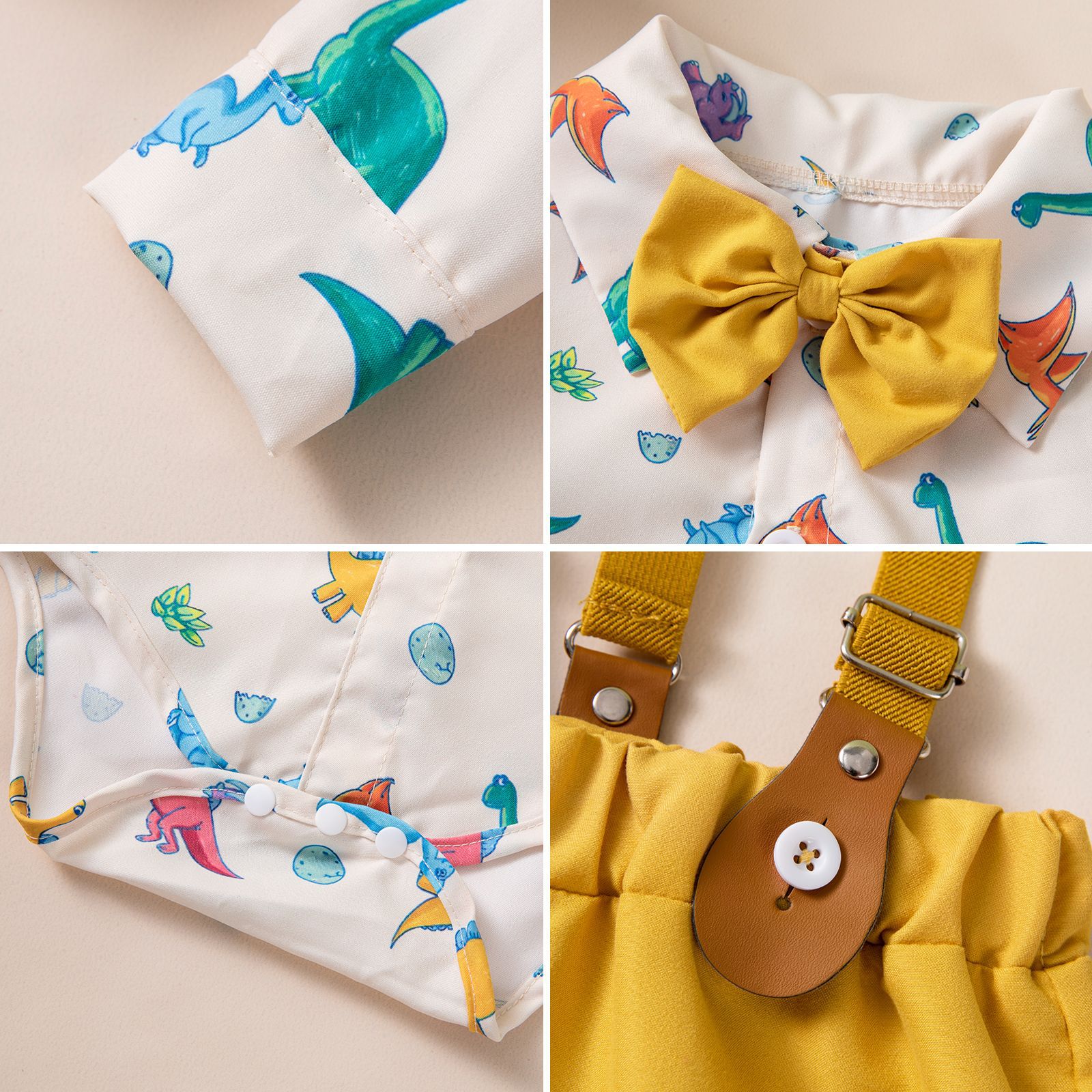Gentlemans Outfit For Boys Dinosaur-print Shirt With Yellow Suspender Trousers And Bow Tie photo 4