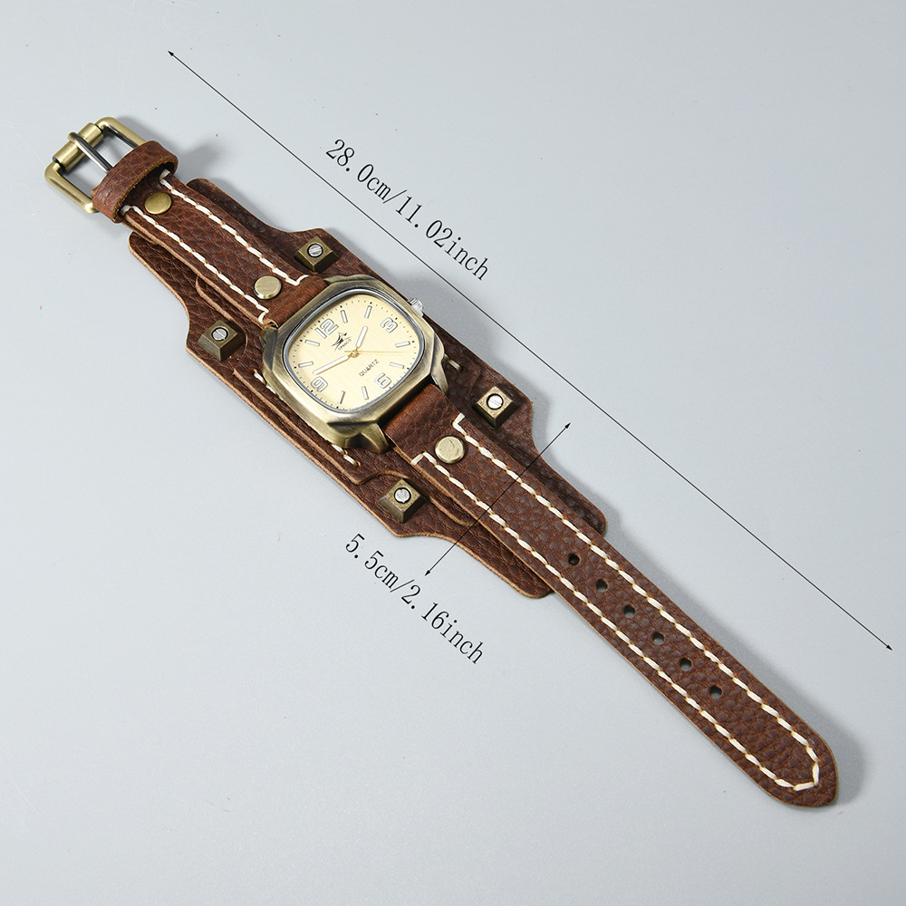 Vintage Studded Leather Watch Bracelet Adjustable Hand-stitched Cuff photo 7