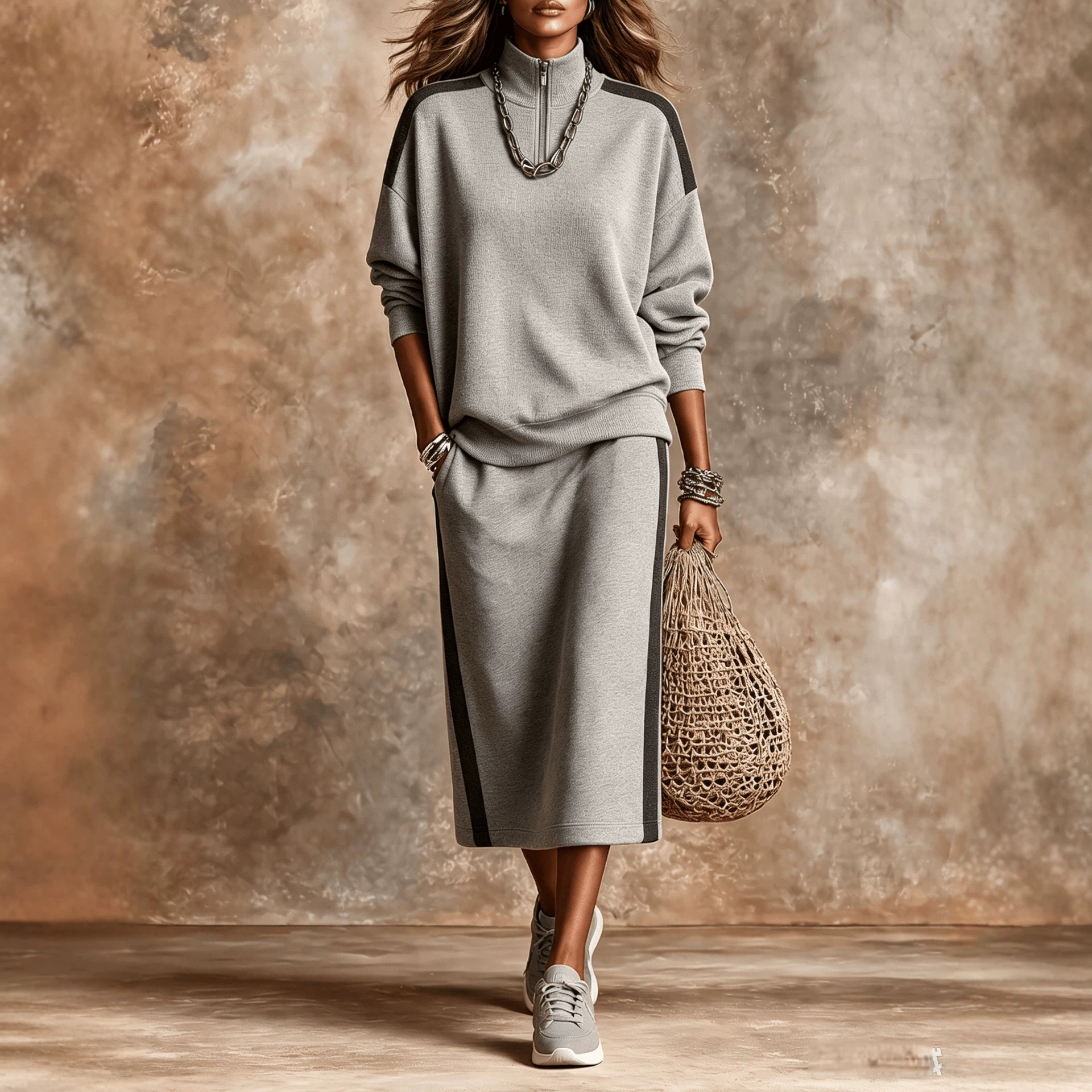 New Fallwinter Casual Chic Color-block Half-zip Sweatshirt And Loose-fitting Womens Set photo 1