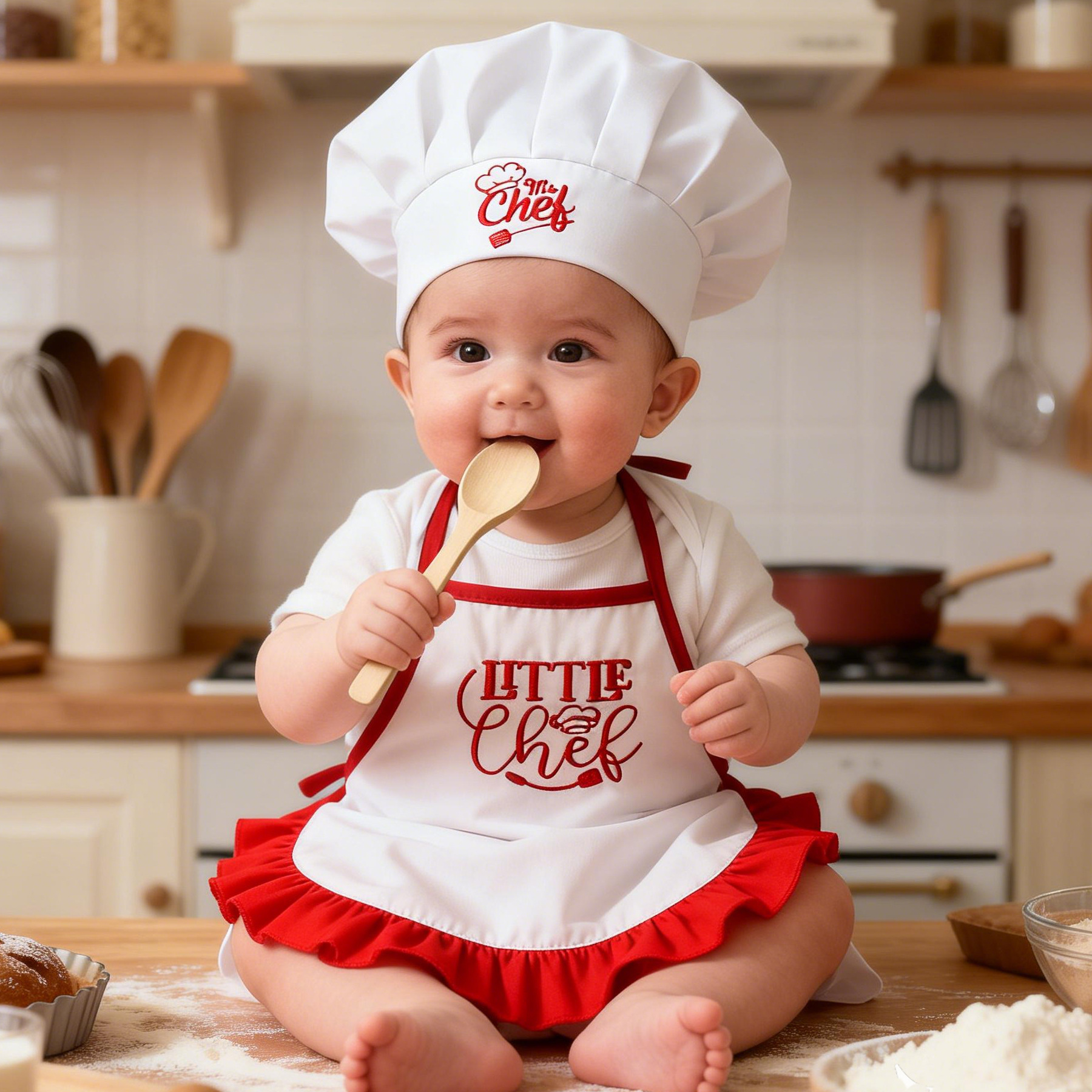 One-month-old Baby Photo Outfit Tall-top Hat Lace-trimmed Embroidery Little Chef Costume photo 1