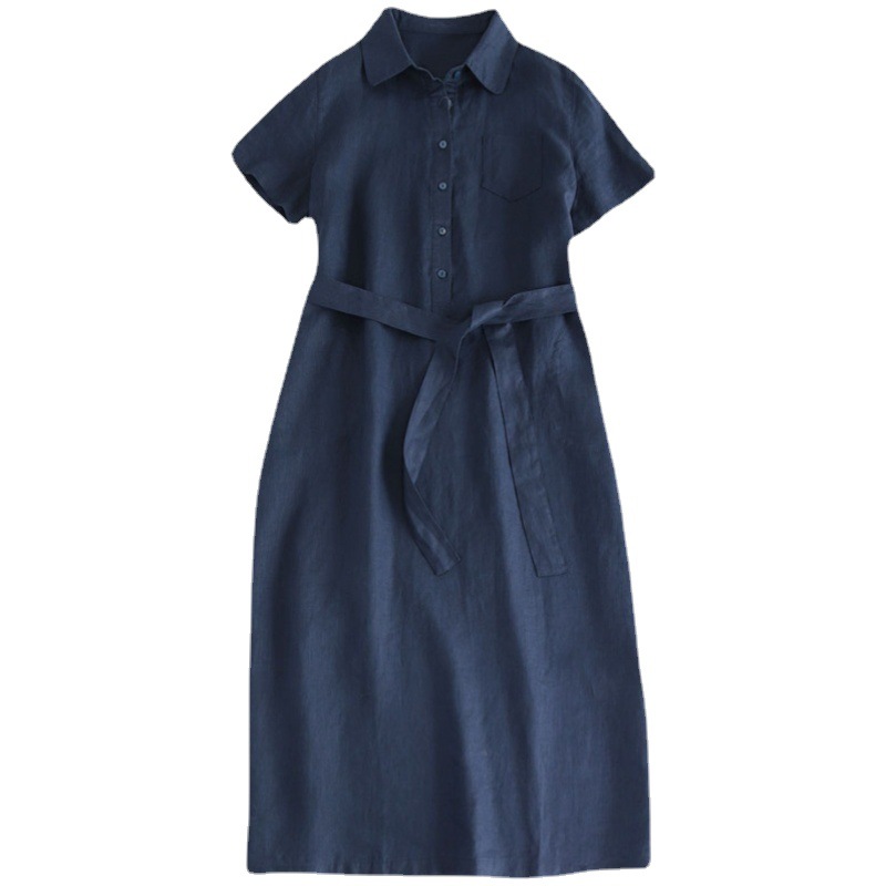 A-line Long Tie-front Solid-color Shirt Dress Women's photo 5