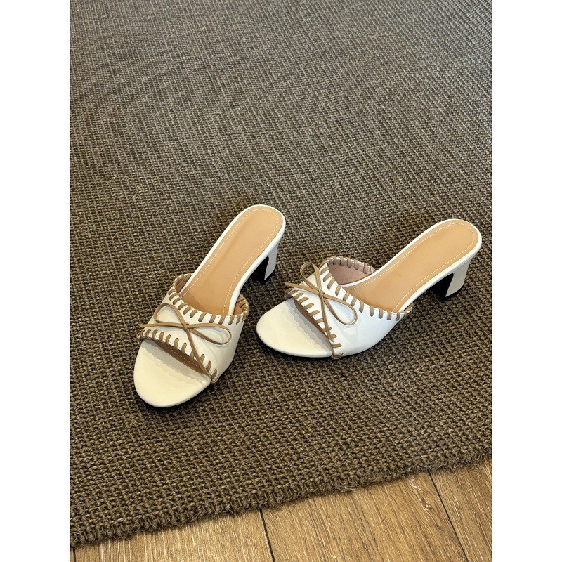 Retro Bow-knot High-heeled Woven Slide Sandals photo 4