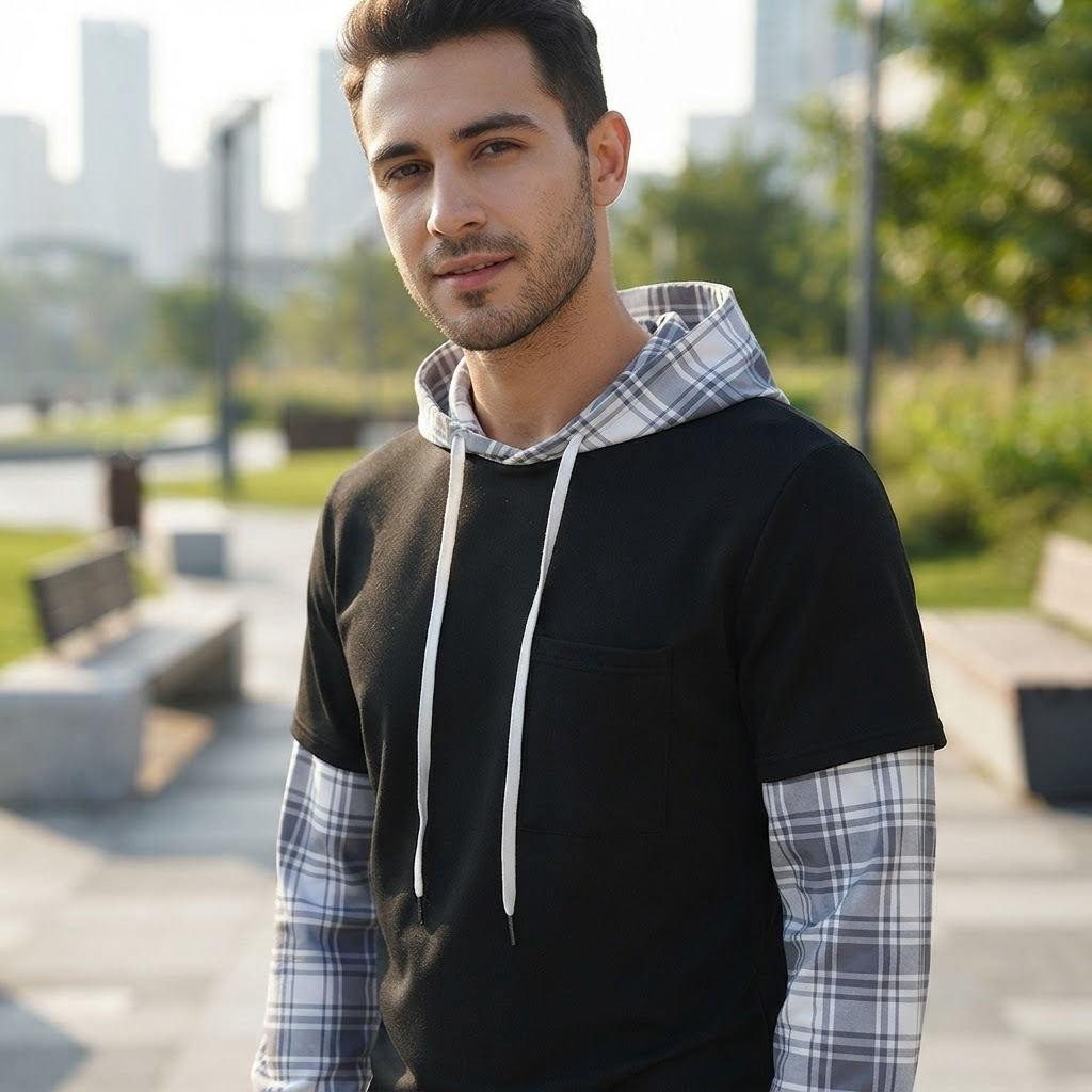 Fashionable Pullover Men's Hoodie Patchwork Fake Two-Piece Casual Top photo 2