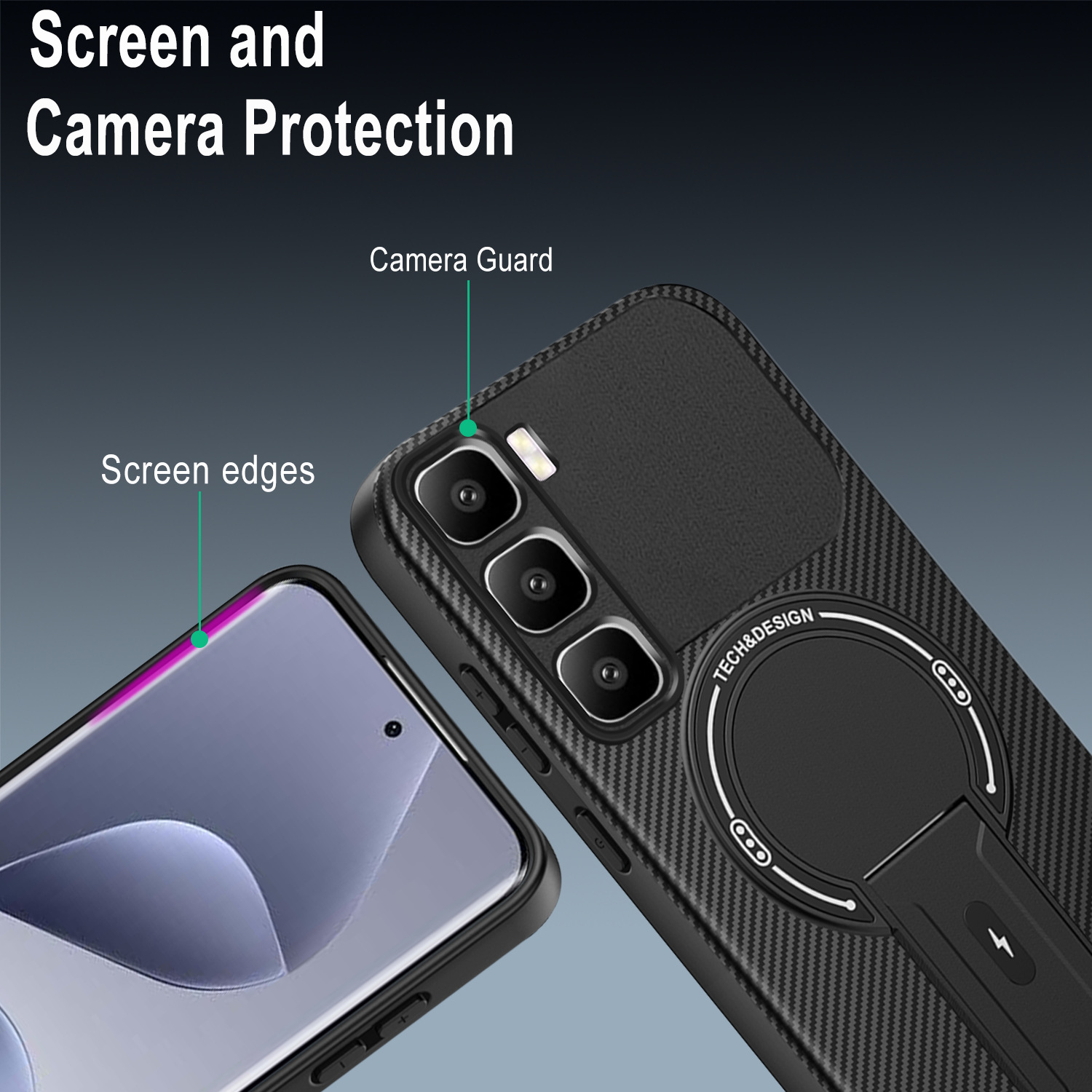 Compatible With Hot 70 Phone Case Armor Carbon Fiber Texture With Stand photo 1