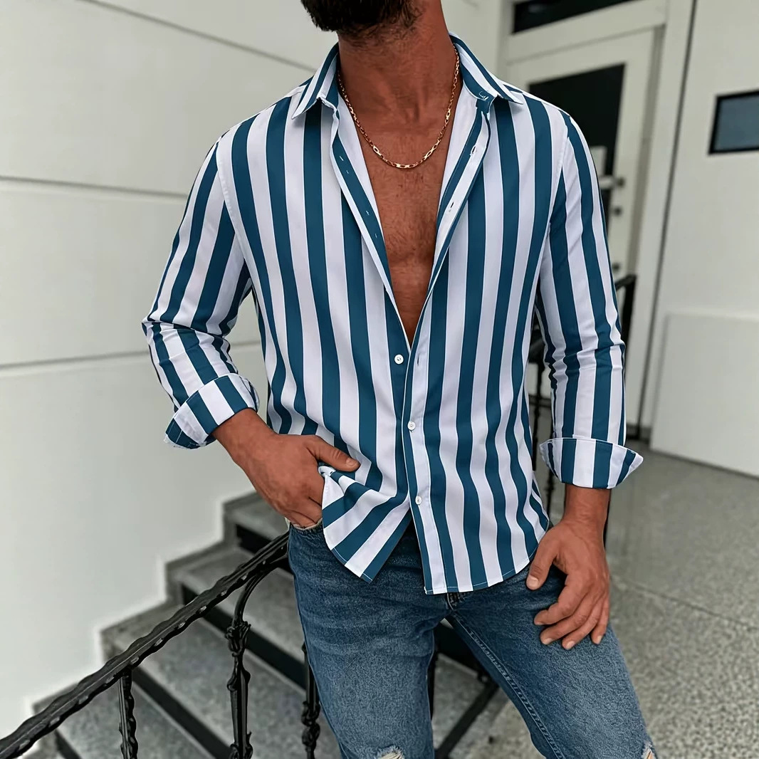 American-style Casual Men's Striped Long-sleeve Shirt photo 2