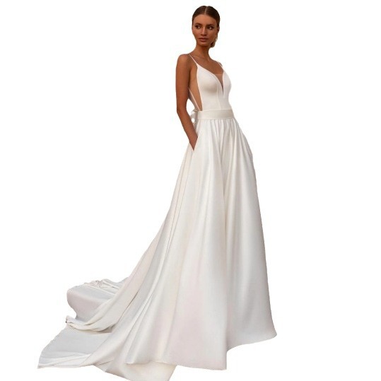 Simple Deep-V Strap Satin Wedding Dress photo 3