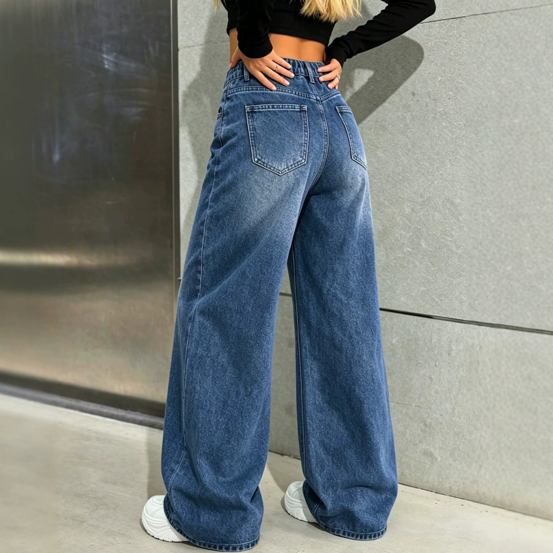 European And American Wide-leg Elastic High-waist Jeans photo 4