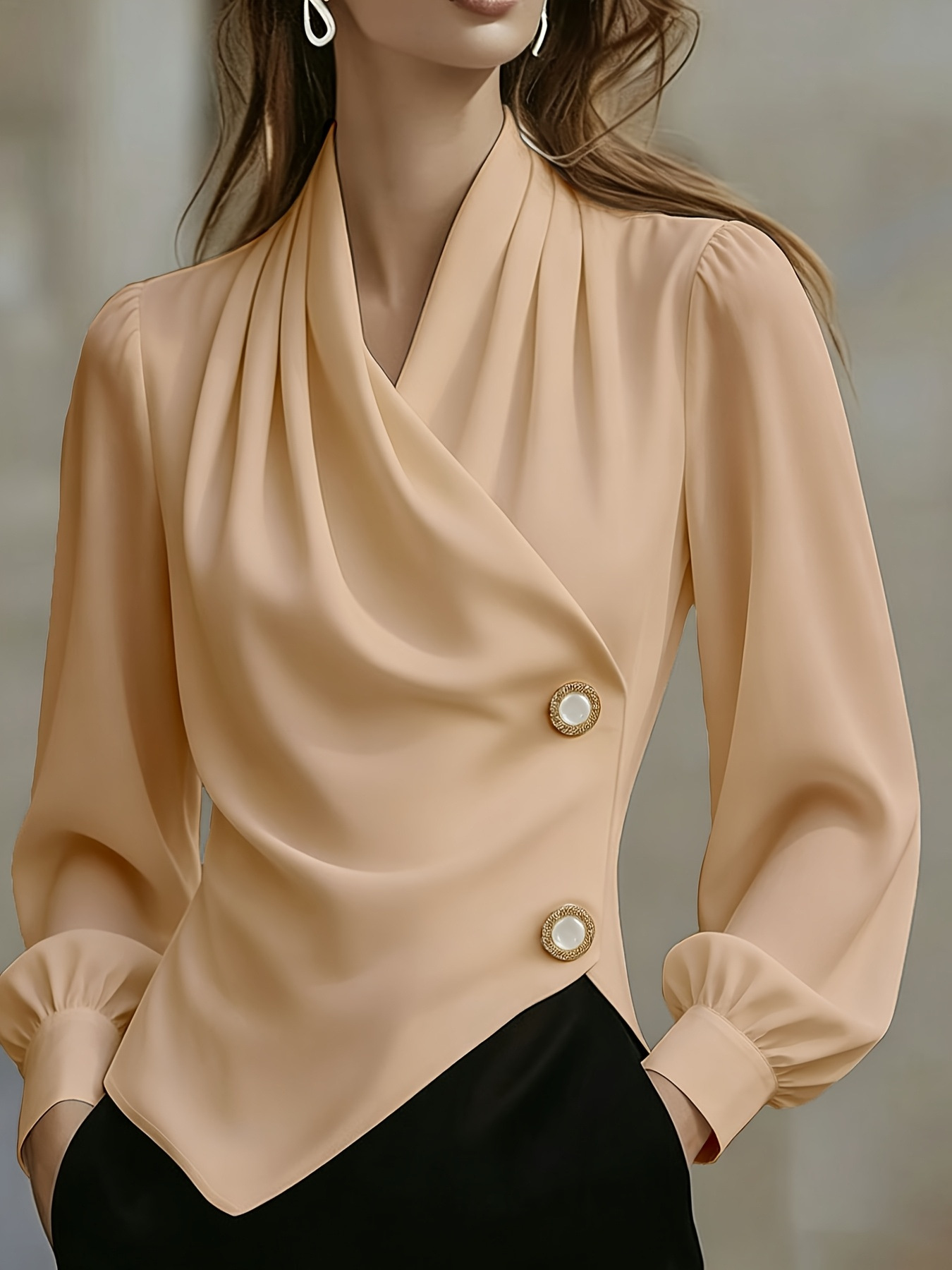 Crossover-collar Waist-cinching Asymmetrical Pearl-buttoned Slimming Versatile Long-sleeve Blouse photo 3