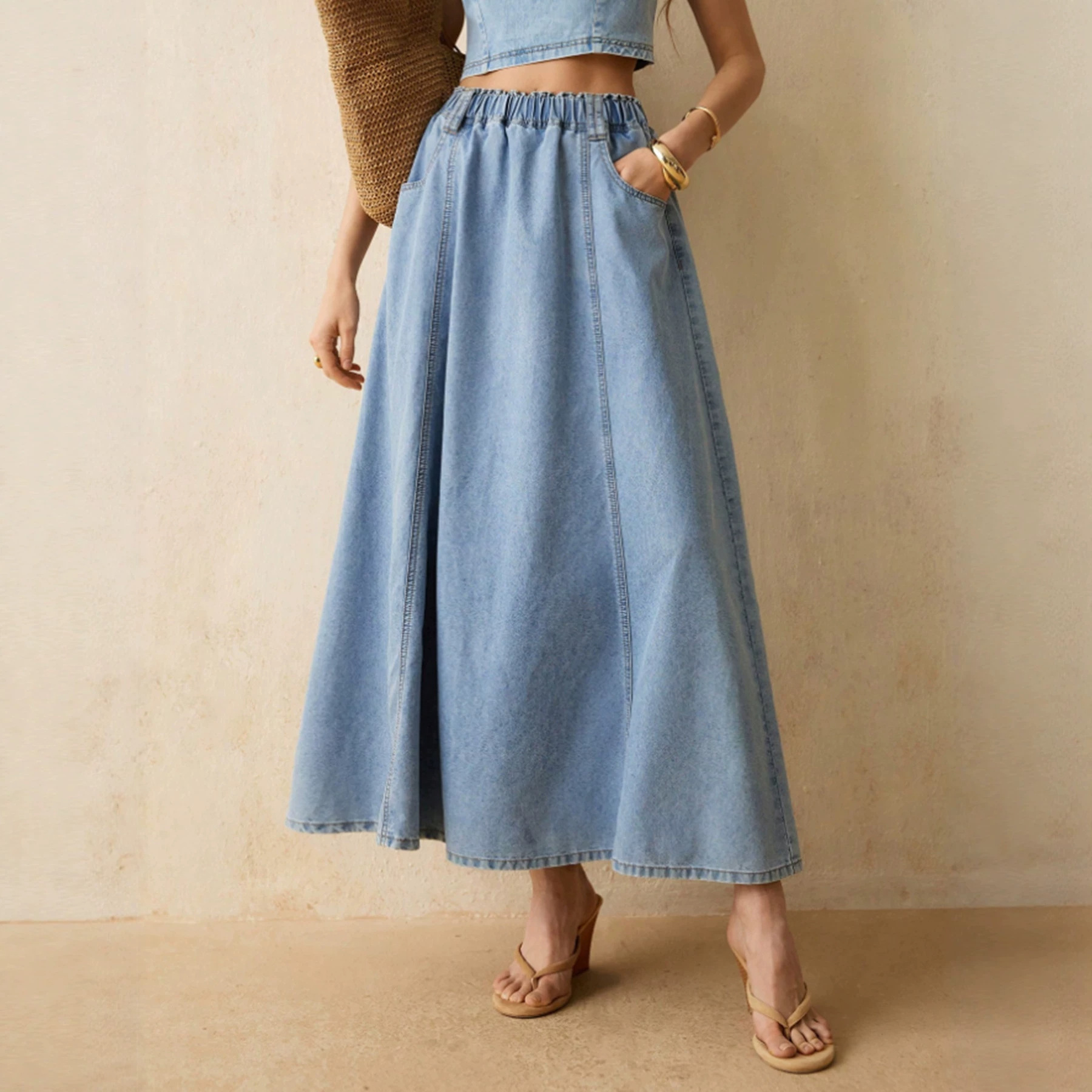 Womens Washed Loose Casual Denim Skirt With Elastic Waist And Flared Hem photo 1
