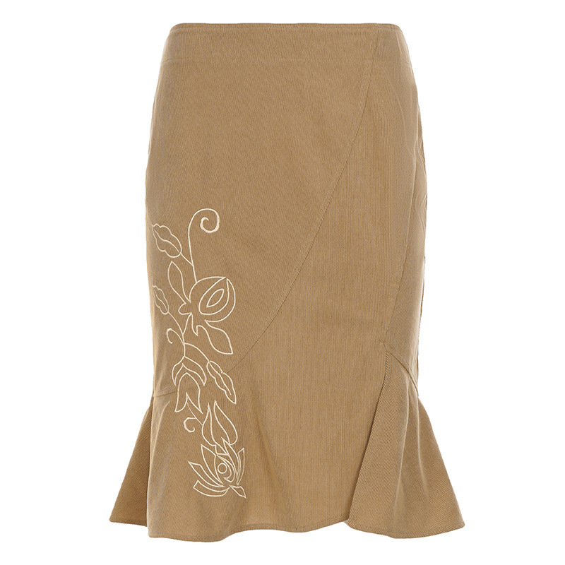 Retro Embroidered Skirt With Ruffled Hem, Bodycon Midi Length photo 6