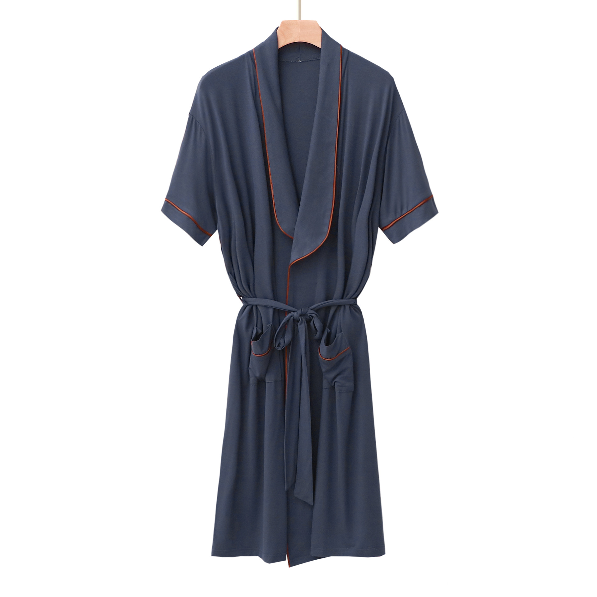 Mens Short-sleeved Mandarin-collar Mid-length Belted Draping Pajama Bathrobe photo 2