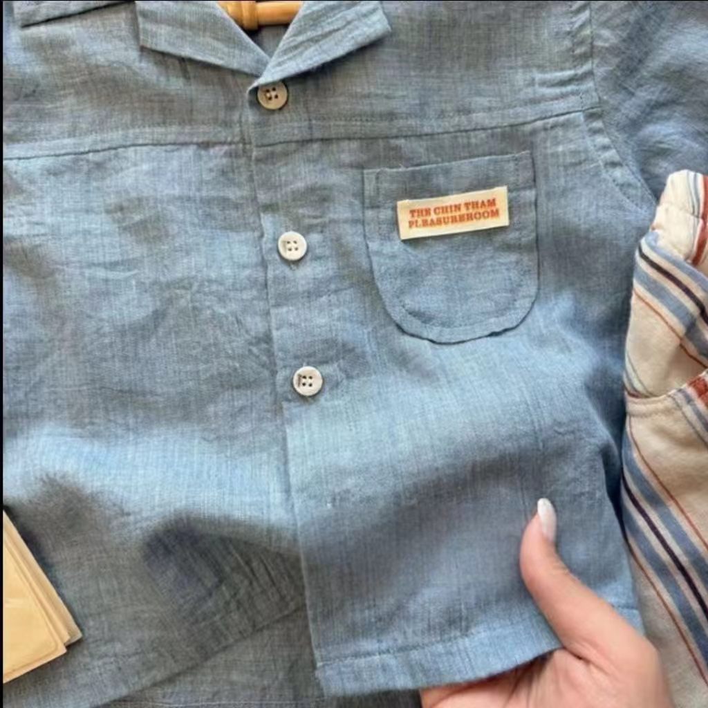 Boy's Cotton-linen Short-sleeve Shirt And Vertical-striped Shorts Two-piece Set photo 5