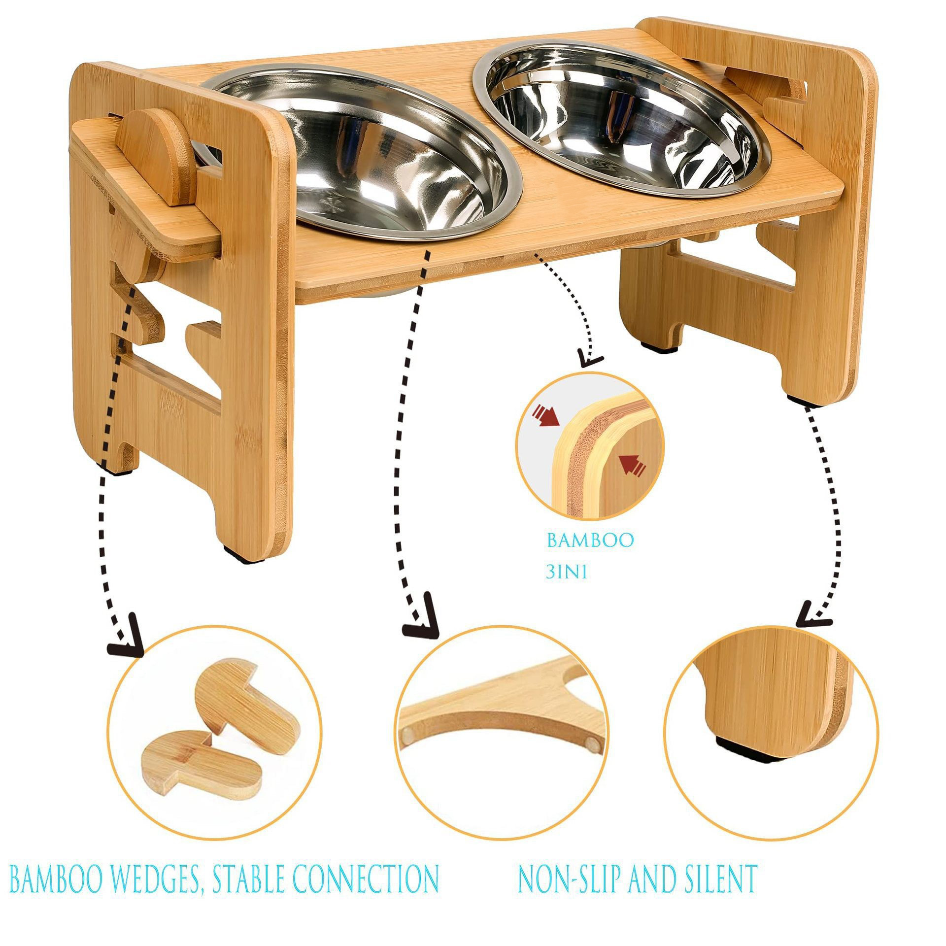 Bamboo And Wood Cat And Dog Bowl Rack, Pet Double-bowl Food And Water Bowls, For Small To Medium-sized Pets photo 2