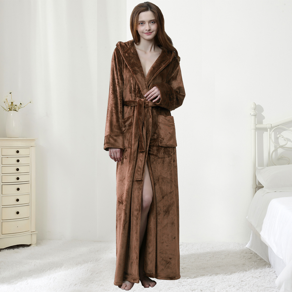 Couples AutumnWinter Hooded Warm Flannel Robe photo 1