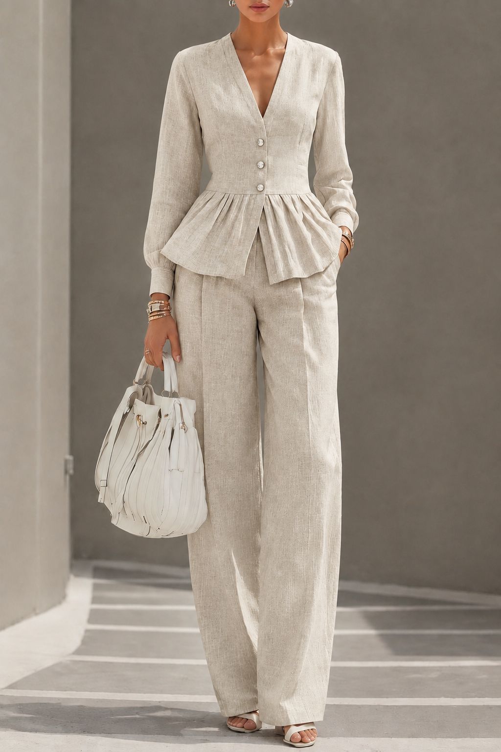 Long-sleeve V-neck Top And Wide-leg Pants Two-piece Set photo 7