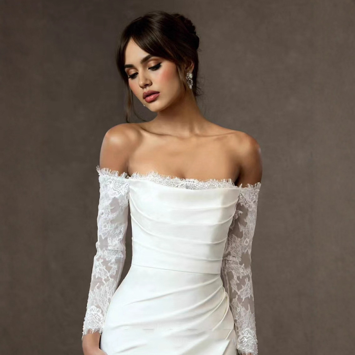 One-shoulder Lace Long-sleeve Light Wedding Dress photo 6