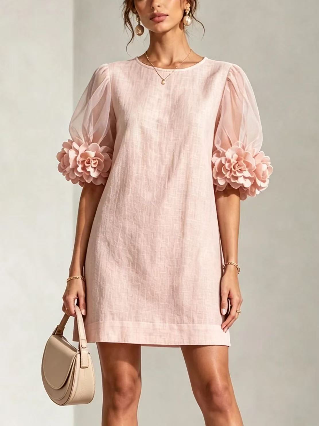 Women's Organza Puff Sleeve Dress - Romantic Sweet Midi Length Party Gown for Summer Wedding Guest photo 5
