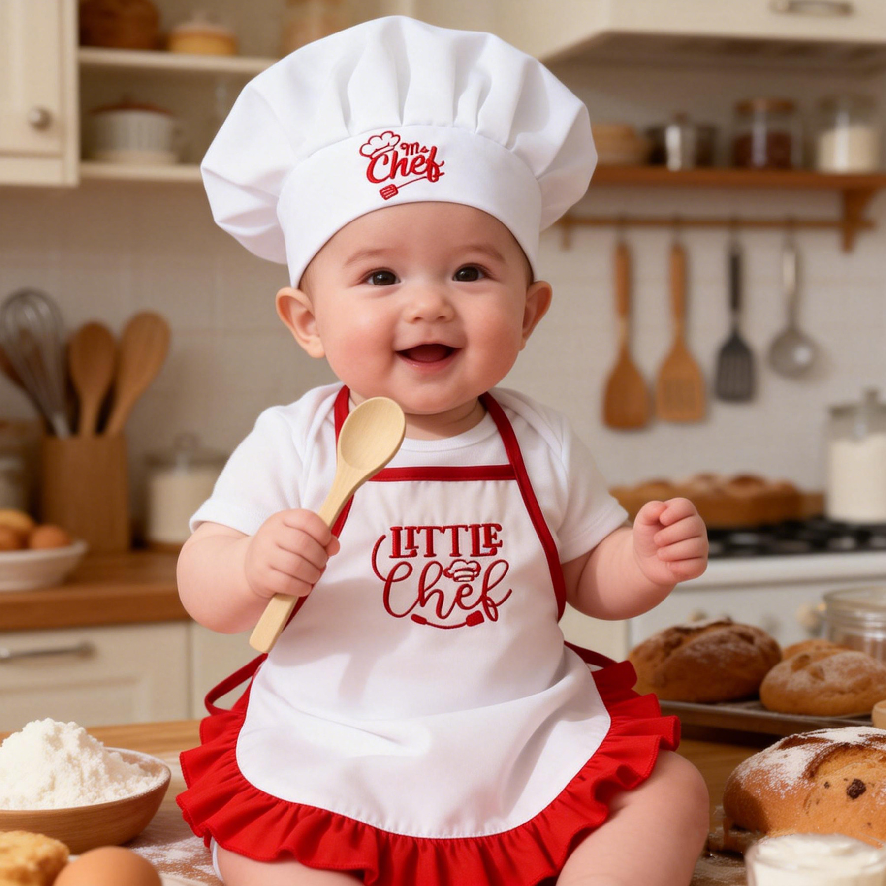 One-month-old Baby Photo Outfit Tall-top Hat Lace-trimmed Embroidery Little Chef Costume photo 5