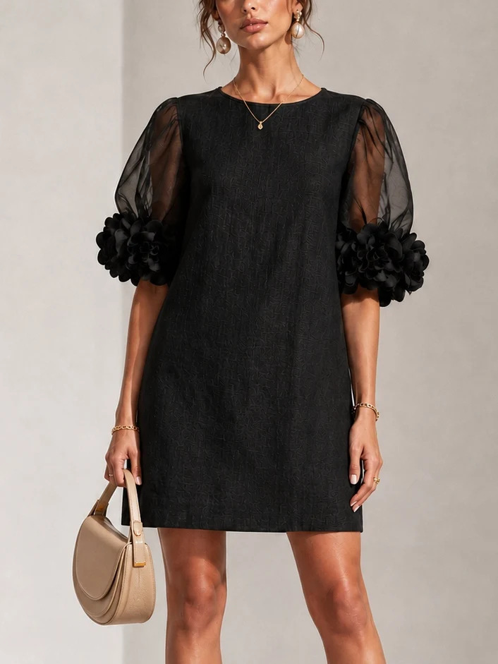 Women's Organza Puff Sleeve Dress - Romantic Sweet Midi Length Party Gown for Summer Wedding Guest photo 4