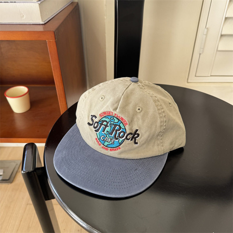 Retro Distressed Embroidery Color-block Flat-brim Baseball Cap photo 5