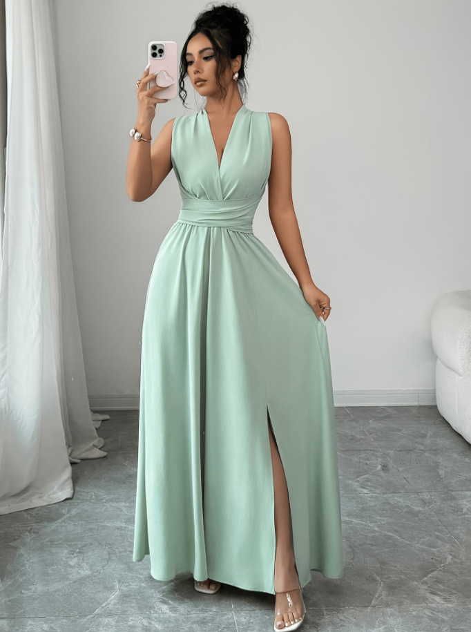 Elegant Solid-Color V-Neck Bow Long Dress For Women photo 2