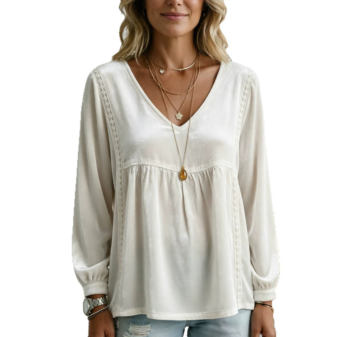 V-neck Lace Velvet Casual Loose-fitting Long-sleeve Top photo 5