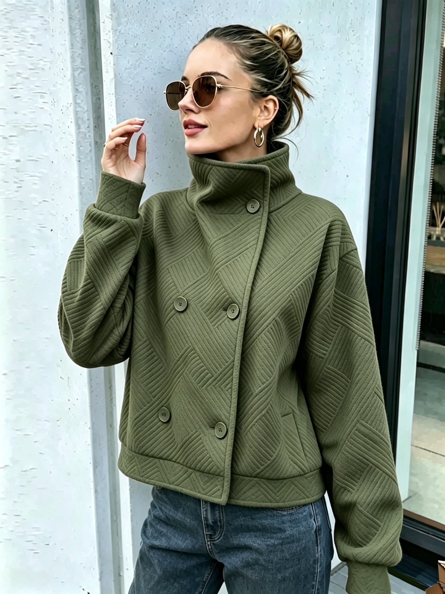 Women's Buttoned Turtleneck Double-breasted Lapel Coat photo 4