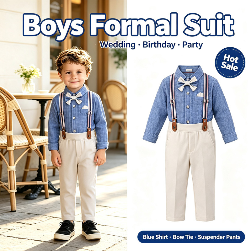 Blue Shirt Bow Tie And Suspender Overalls Children's Clothing photo 1