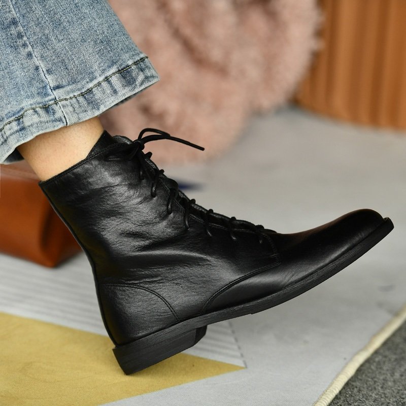 Womens Round-toe Thick-soled Ankle Boots In Washed Pebble-grain Leather photo 3