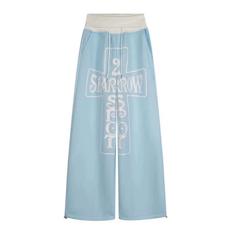 Vintage Letter Print Drawstring Wide Leg Cotton Sweatpants photo 5
