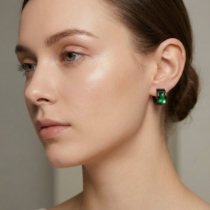 Cross-border European And American-style Personalized Earrings Titanium Steel Round Glass Ear Clips photo 5