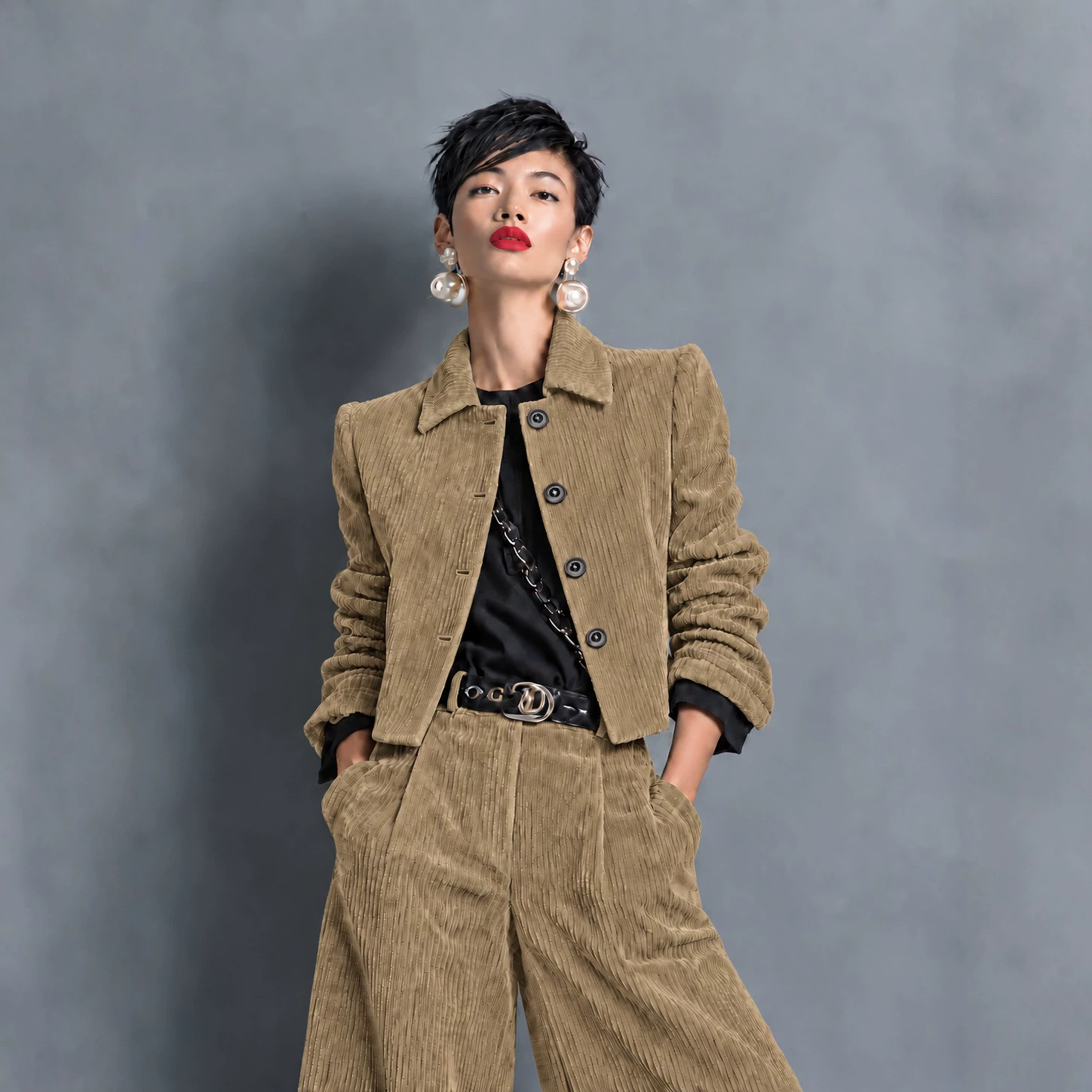 Corduroy Cropped Jacket And Wide-leg Pants Set photo 3