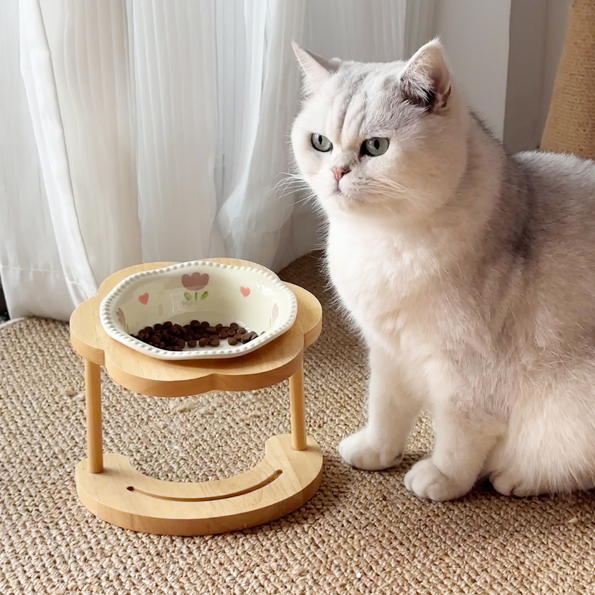 Ceramic Elevated Wooden Stand Pet Bowl Tip-resistant photo 1