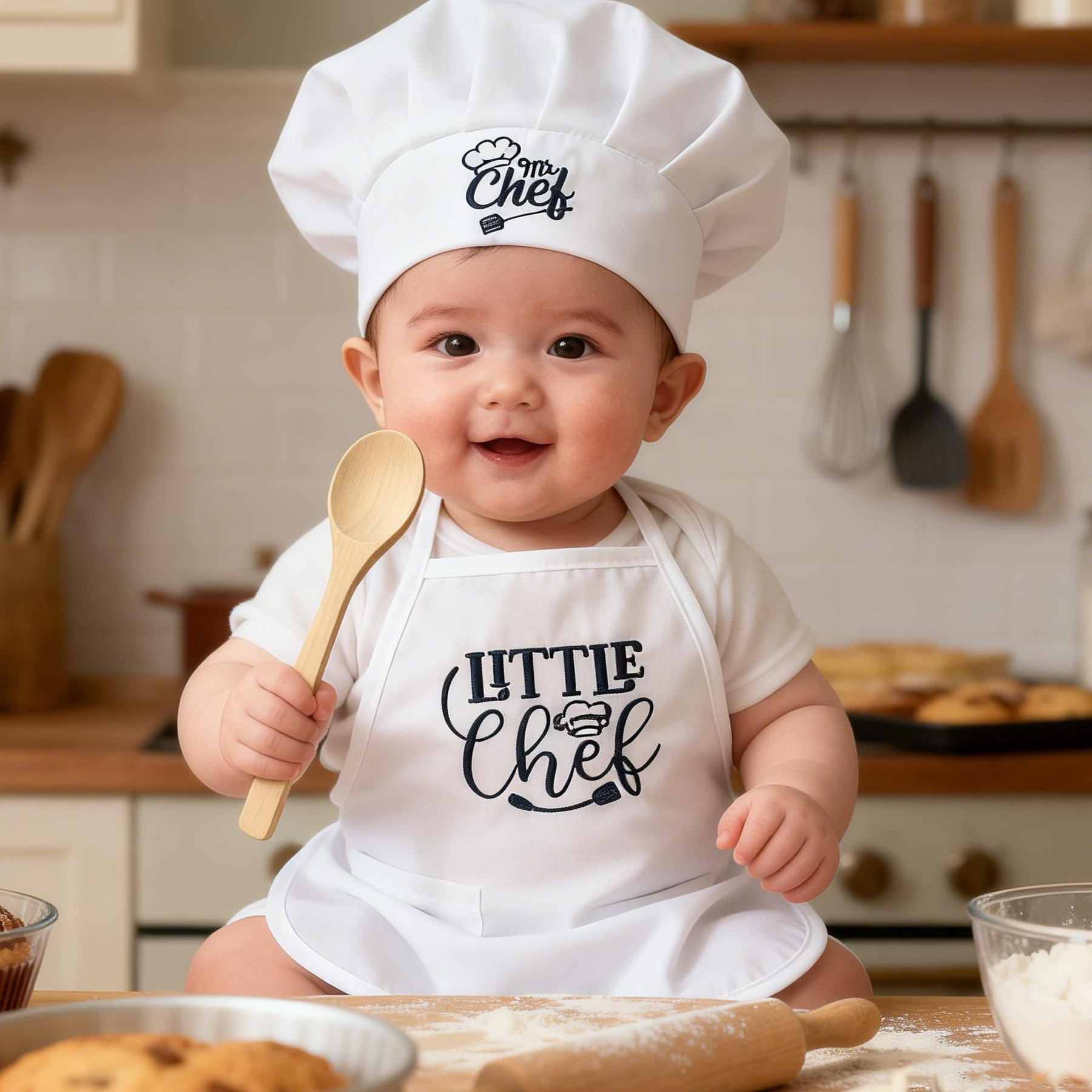 One-month-old Baby Photo Outfit Tall-top Hat Lace-trimmed Embroidery Little Chef Costume photo 3