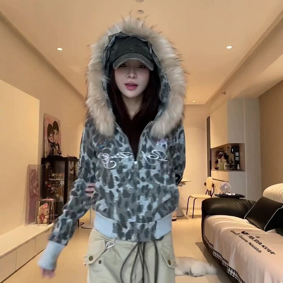 Vintage Leopard-print Fur-collar Patchwork Hooded Sweatshirt Jacket photo 5