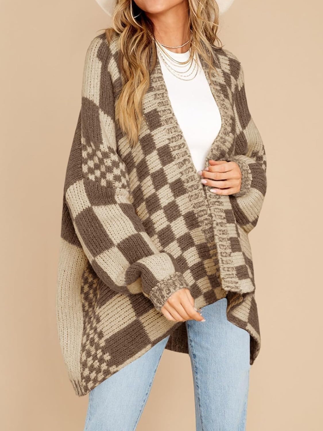 High-end Large-check Color-block Knit Cardigan photo 8